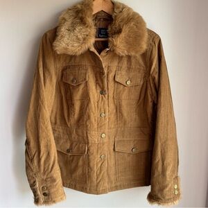 Vintage 90s Y2K 00s Corduroy Jacket Womens L Brown Faux Fur Trim Coat Fall NWT